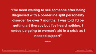 People by DefaultSnook Presentation | @wearesnook | @ruﬄemuﬃn Sarah Drummond
“I’ve been waiting to see someone after being
diagnosed with a borderline split personality
disorder for over 7 months. I was told I’d be
getting art therapy but I’ve heard nothing. I
ended up going to woman’s aid in a crisis as I
needed support”
NHS User
 