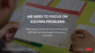 People by DefaultSnook Presentation | @wearesnook | @ruﬄemuﬃn Sarah Drummond
WE NEED TO FOCUS ON
SOLVING PROBLEMS
Meet needs, involve all of us in the process.
With that, we bring insight and we turn it
into action
People by DefaultSnook Presentation | @wearesnook | @ruﬄemuﬃn Sarah Drummond
 