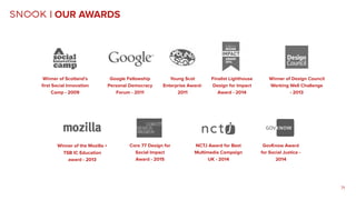 71
| OUR AWARDS
Google Fellowship
Personal Democracy
Forum - 2011
Young Scot
Enterprise Award-
2011
Finalist Lighthouse
Design for Impact
Award - 2014
Winner of Design Council
Working Well Challenge
- 2013
Winner of the Mozilla +
TSB IC Education
award - 2013
Core 77 Design for
Social Impact
Award - 2015
NCTJ Award for Best
Multimedia Campaign
UK - 2014
GovKnow Award
for Social Justice -
2014
Winner of Scotland’s
ﬁrst Social Innovation
Camp - 2009
 