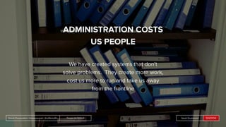 People by DefaultSnook Presentation | @wearesnook | @ruﬄemuﬃn Sarah Drummond
ADMINISTRATION COSTS
US PEOPLE
We have created systems that don’t
solve problems. They create more work,
cost us more to run and take us away
from the frontline
People by DefaultSnook Presentation | @wearesnook | @ruﬄemuﬃn Sarah Drummond
 