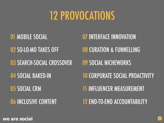 12 PROVOCATIONS
   01 MOBILE SOCIAL             07 INTERFACE INNOVATION

   02 SO-LO-MO TAKES OFF        08 CURATION & FUN...