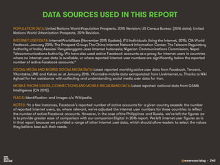 @wearesocialsg • 240
DATA SOURCES USED IN THIS REPORT
POPULATION DATA: United Nations World Population Prospects, 2015 Revision; US Census Bureau (2016 data); United
Nations World Urbanization Prospects, 2014 Revision.
INTERNET USERDATA: InternetWorldStats (November 2015 Update); ITU Individuals Using the Internet, 2015; CIA World
Factbook, January 2015; The Prospect Group; TheChina Internet Network Information Center; TheTelecom Regulatory
Authority of India; Asosiasi Penyelenggara Jasa Internet Indonesia; Nigerian Communications Commission, Nepal
Telecommunications Authority. We havealso used active Facebook accounts as a proxy for internet users in countries
where no internet user data is available, or where reported internet user numbers are significantly below the reported
number of active Facebook accounts.*
SOCIAL MEDIA AND MOBILE SOCIAL MEDIA DATA: Latest reported monthly active user data from Facebook, Tencent,
VKontakte,LINE and Kakao as at January 2016. VKontaktemobile data extrapolated from LiveInternet.ru. Thanks to Niki
Aghaei for her assistance with collecting and understanding social media user data for Iran.
MOBILE PHONE USERS,CONNECTIONS ANDMOBILE BROADBANDDATA: Latest reported national data from GSMA
Intelligence (Q4 2015).
FLAGS: Identification and images c/o Wikipedia.
NOTES: *In a few instances, Facebook’s reported number of active accounts for a given country exceeds the number
of reported internet users, so, where relevant, we’ve adjusted the internet user numbers for these countries to reflect
the number of active Facebook accounts. However, in the case of the Philippines and Russia, we’ve left the figures as-
is to provide greater ease of comparison with our companion Digital in 2016 report. Weleft internet user figures as-is
in that report because we provided a range of other internet user data, which should allow readers to select the values
they believe best suit their needs.
 