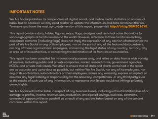 @wearesocialsg • 241
IMPORTANT NOTES
We Are Social publishes its compendium of digital, social, and mobile media statistics on an annual
basis, but on occasion we may need to alter or update the information and data contained therein.
To ensure you have the most up-to-date version of this report, please visit http://bit.ly/DSM2016YB.
This report contains data, tables, figures, maps, flags, analyses and technical notes that relate to
various geographical territories around the world. However, reference to these territories and any
associated elements (including flags) does not imply the expression of any opinion whatsoever on the
part of We Are Social or any of its employees, nor on the part of any of the featured data partners,
nor any of those organisations’ employees, concerning the legal status of any country, territory, city
or area or of its authorities, or concerning the delimitation of its frontiers or boundaries.
This report has been compiled for informational purposes only, and relies on data from a wide variety
of sources, including public and private companies, market research firms, government agencies,
NGOs, and private individuals. We strive to ensure that all data and charts contained in the report
are as accurate and up-to-date as possible, but neither We Are Social, nor any of its employees, nor
any of its contractors, subcontractors or their employees, makes any warranty, express or implied, or
assumes any legal liability or responsibility for the accuracy, completeness, or any third party's use
or the results of such use of any information, or represents that its use would not infringe privately
owned rights.
We Are Social will not be liable in respect of any business losses, including without limitation loss of or
damage to profits, income, revenue, use, production, anticipated savings, business, contracts,
commercial opportunities or goodwill as a result of any actions taken based on any of the content
contained within this report.
 