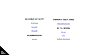 CONSCIOUS COMMUNITY
Sit With Us
Nextdoor
Wi-Favela
WEARABLE SOCIAL
Moment
INTERNET OF SOCIAL THINGS
Martini Smart Cube
ON THE HORIZON
Morgan
Lisn
YouTube Community
 