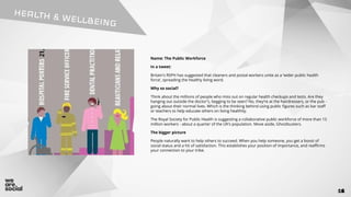 116
HEALTH & WELLBEING
Name: The Public Workforce
In a tweet:
Britain's RSPH has suggested that cleaners and postal workers unite as a ‘wider public health
force’, spreading the healthy living word.
Why so social?
Think about the millions of people who miss out on regular health checkups and tests. Are they
hanging out outside the doctor's, begging to be seen? No, they’re at the hairdressers, or the pub -
going about their normal lives. Which is the thinking behind using public figures such as bar staff
or teachers to help educate others on living healthily.
The Royal Society for Public Health is suggesting a collaborative public workforce of more than 15
million workers - about a quarter of the UK’s population. Move aside, Ghostbusters.
The bigger picture
People naturally want to help others to succeed. When you help someone, you get a boost of
social status and a hit of satisfaction. This establishes your position of importance, and reaffirms
your connection to your tribe.
 