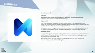44
SHOPPING
Name: Facebook M
In a tweet:
Watch out Siri and Cortana, there's a new virtual PA in town - and she belongs to Mark
Zuckerberg. Meet M, who lives in Facebook Messenger.
Why so social?
From inside Messenger, M is able to buy items at your request. It can help you decide on a
present for your other half, and even get it delivered. M probably won’t want to romance with you
itself though, unless of course your name is Joaquin Phoenix.
As the system behind the digital assistant learns, it will become more and and more automated.
For now, M’s more like a call centre - one where the supervisor knows you really, really well.
The bigger picture
Is Facebook’s long-term plan to take on Google? Can Facebook deliver a service that is better than
Search? Amazon Prime recently launched its one-hour service in London. Like Google, Amazon
and Facebook are trying to own ‘now’.
What's Apple going to do? Build an iDrone that delivers the pizza you want, based on the
biometric data on your Apple Watch? Bring it on.
 