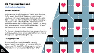 #6 Personalisation >
Eat, Pray, Swipe: App Dating
What’s it all about?
A talk by three female founders of dating apps (Bum...