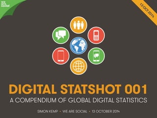 We Are Social http://wearesocial.sg • @wearesocialsg
DIGITAL STATSHOT 001
SIMON KEMP • WE ARE SOCIAL • 13 OCTOBER 2014
A COMPENDIUM OF GLOBAL DIGITAL STATISTICS
we
are
social
 