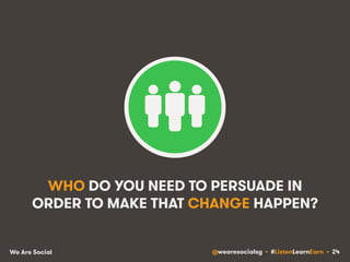 WHO DO YOU NEED TO PERSUADE IN 
ORDER TO MAKE THAT CHANGE HAPPEN? 
We Are Social @wearesocialsg • #ListenLearnEarn • 24 
 