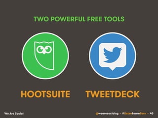 TWO POWERFUL FREE TOOLS 
HOOTSUITE TWEETDECK 
We Are Social @wearesocialsg • #ListenLearnEarn • 45 
 