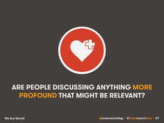 ARE PEOPLE DISCUSSING ANYTHING MORE 
PROFOUND THAT MIGHT BE RELEVANT? 
We Are Social @wearesocialsg • #ListenLearnEarn • 57 
 