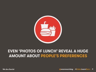 EVEN ‘PHOTOS OF LUNCH’ REVEAL A HUGE 
AMOUNT ABOUT PEOPLE’S PREFERENCES 
We Are Social @wearesocialsg • #ListenLearnEarn • 9 
 