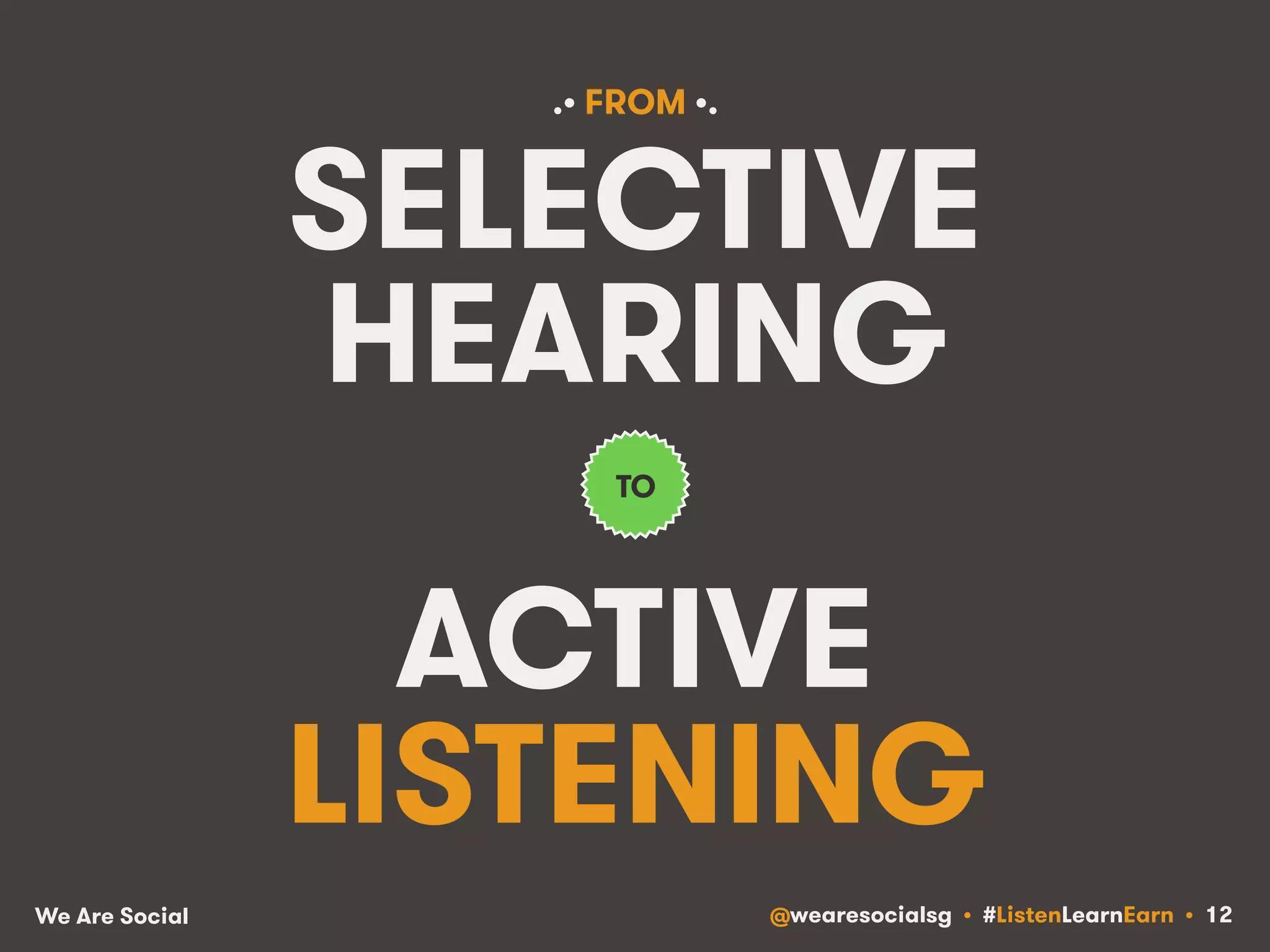 .• FROM •.! 
SELECTIVE 
HEARING 
TO 
ACTIVE 
LISTENING 
We Are Social @wearesocialsg • #ListenLearnEarn • 12 
 