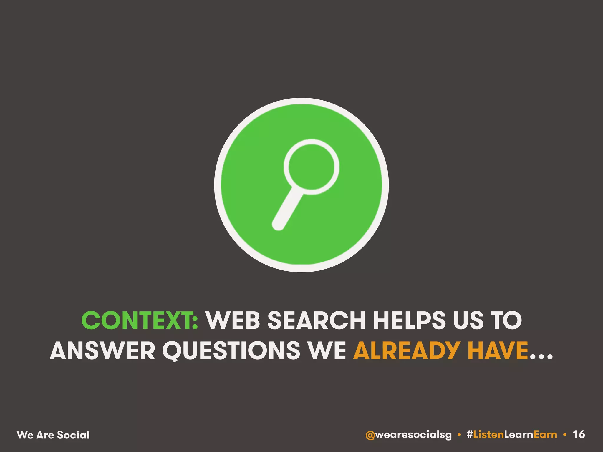 CONTEXT: WEB SEARCH HELPS US TO 
ANSWER QUESTIONS WE ALREADY HAVE… 
We Are Social @wearesocialsg • #ListenLearnEarn • 16 
 