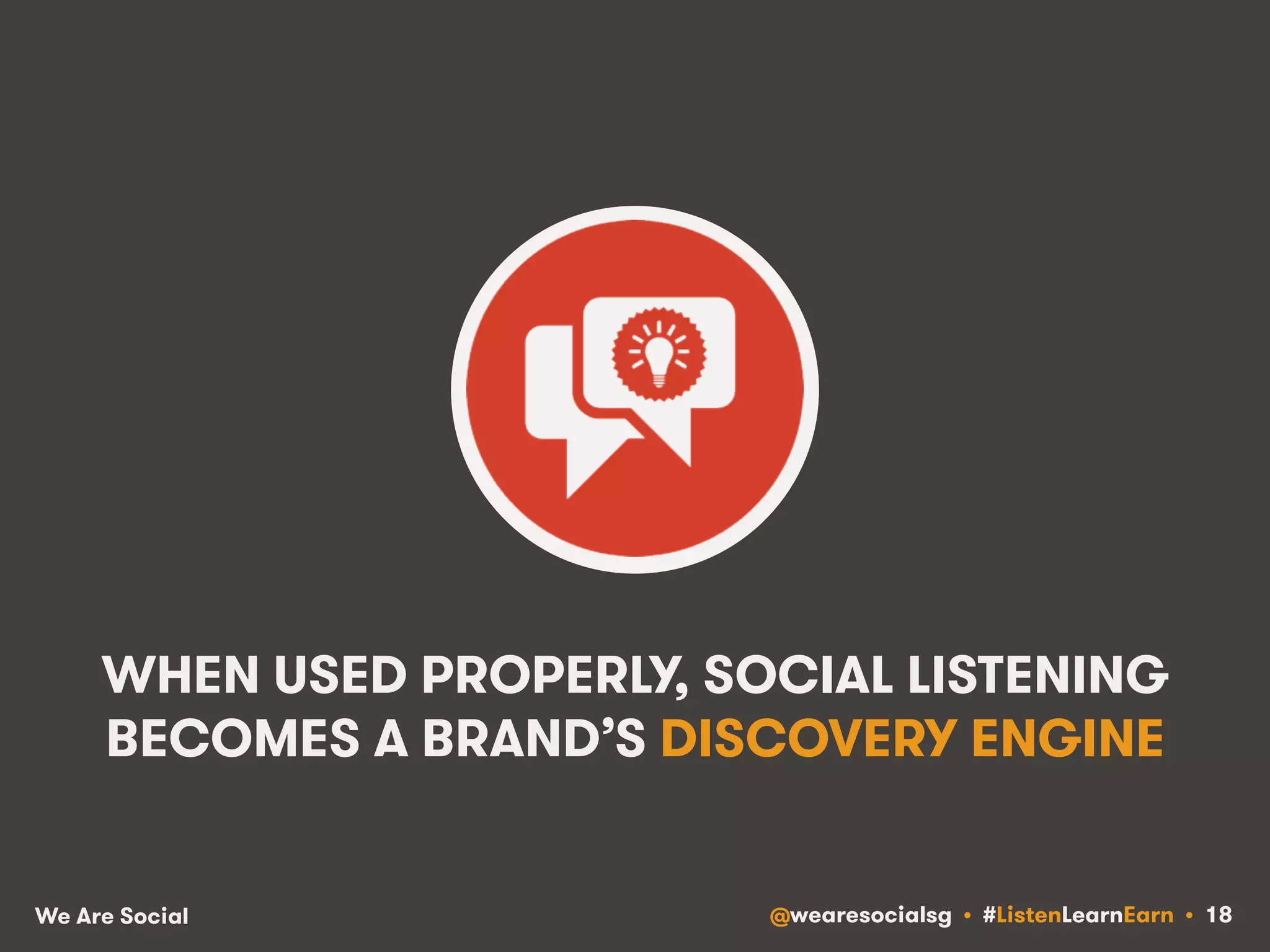 WHEN USED PROPERLY, SOCIAL LISTENING 
BECOMES A BRAND’S DISCOVERY ENGINE 
We Are Social @wearesocialsg • #ListenLearnEarn • 18 
 