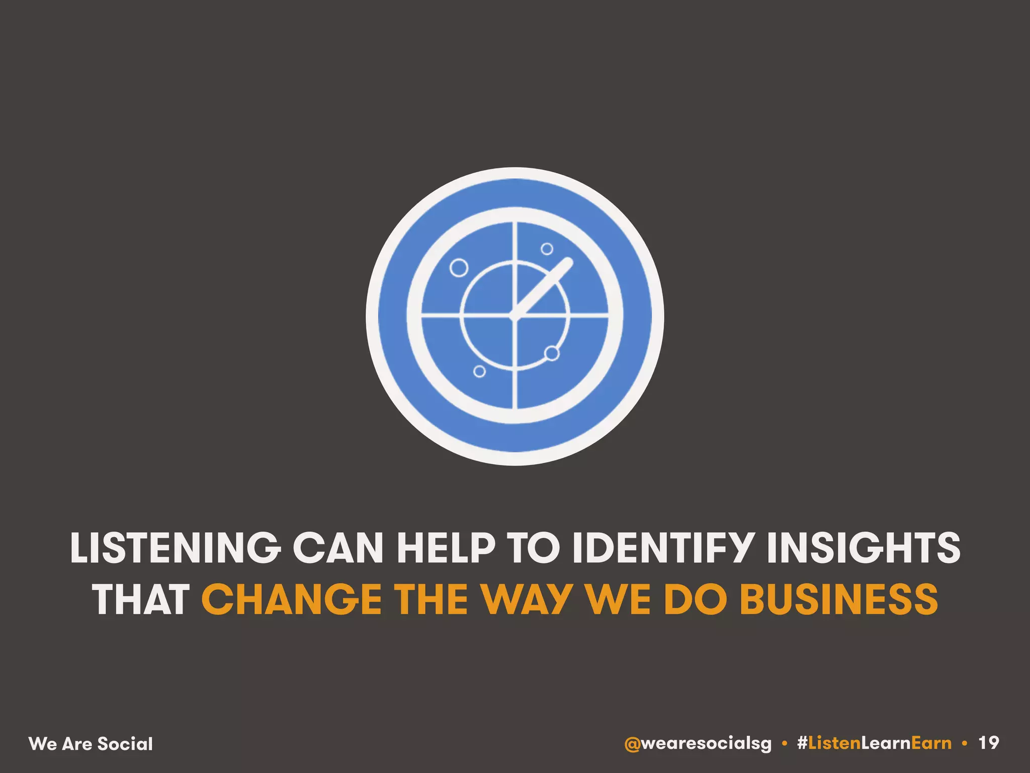 LISTENING CAN HELP TO IDENTIFY INSIGHTS 
THAT CHANGE THE WAY WE DO BUSINESS 
We Are Social @wearesocialsg • #ListenLearnEarn • 19 
 