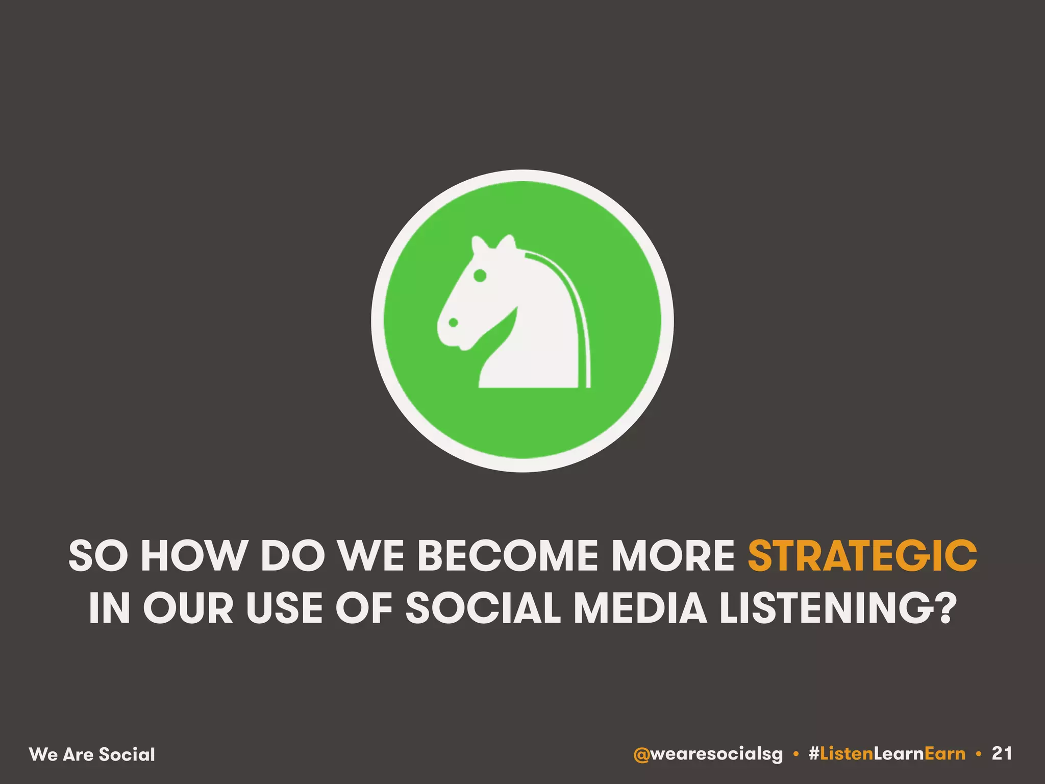 SO HOW DO WE BECOME MORE STRATEGIC 
IN OUR USE OF SOCIAL MEDIA LISTENING? 
We Are Social @wearesocialsg • #ListenLearnEarn • 21 
 