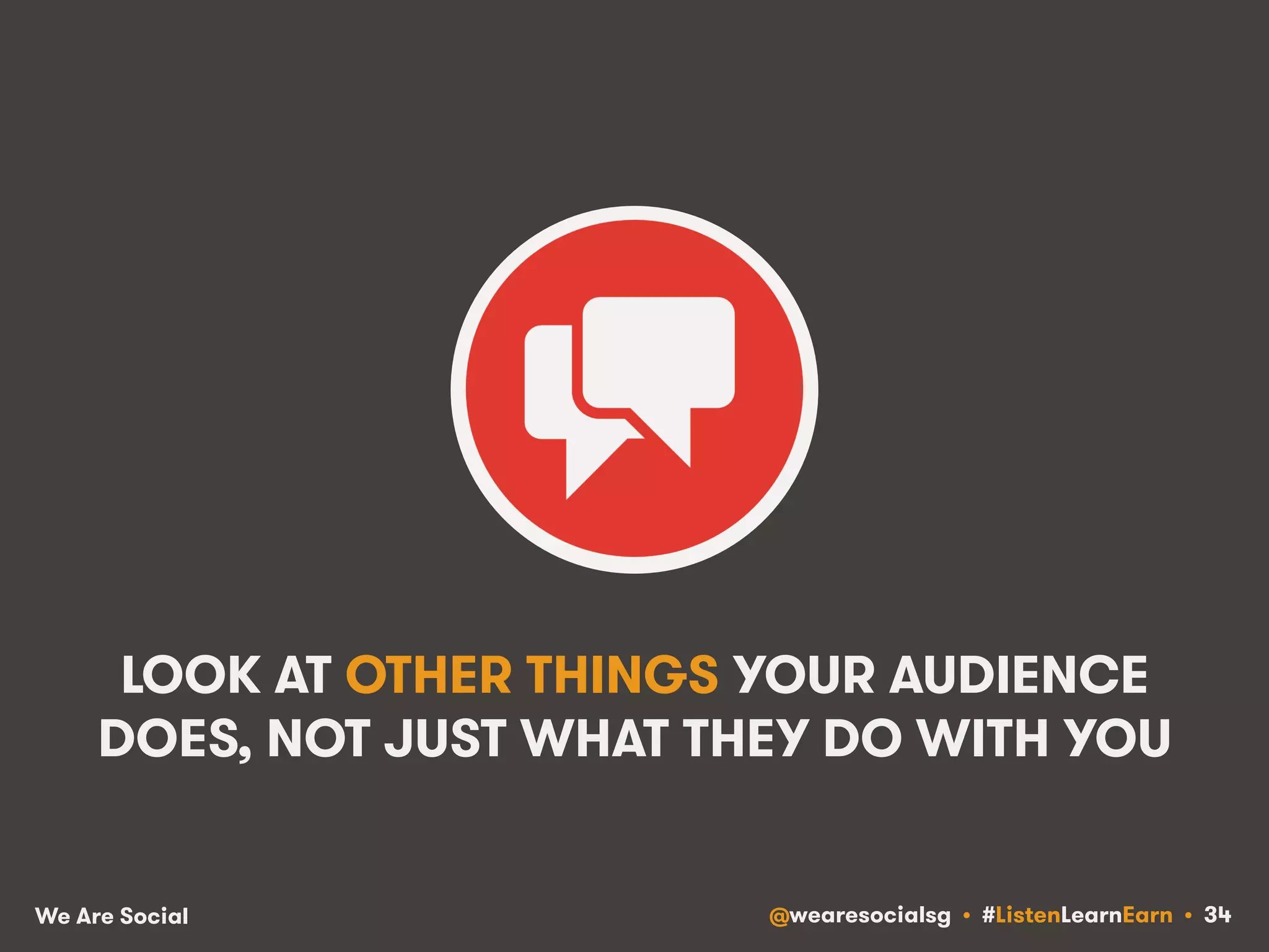 LOOK AT OTHER THINGS YOUR AUDIENCE 
DOES, NOT JUST WHAT THEY DO WITH YOU 
We Are Social @wearesocialsg • #ListenLearnEarn • 34 
 