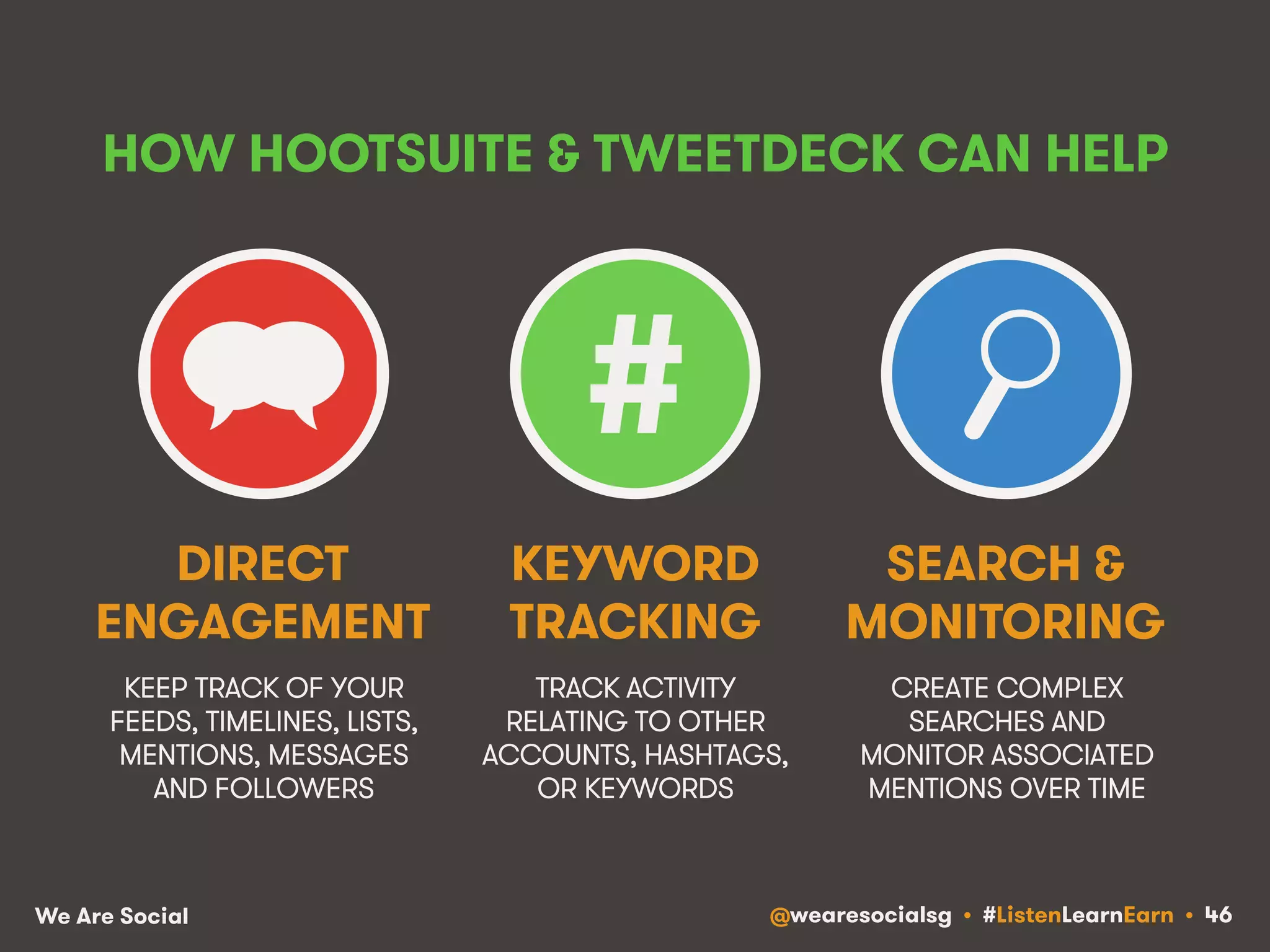 HOW HOOTSUITE & TWEETDECK CAN HELP 
DIRECT 
ENGAGEMENT 
KEEP TRACK OF YOUR 
FEEDS, TIMELINES, LISTS, 
MENTIONS, MESSAGES 
AND FOLLOWERS 
# 
KEYWORD 
TRACKING 
TRACK ACTIVITY 
RELATING TO OTHER 
ACCOUNTS, HASHTAGS, 
OR KEYWORDS 
SEARCH & 
MONITORING 
CREATE COMPLEX 
SEARCHES AND 
MONITOR ASSOCIATED 
MENTIONS OVER TIME 
We Are Social @wearesocialsg • #ListenLearnEarn • 46 
 