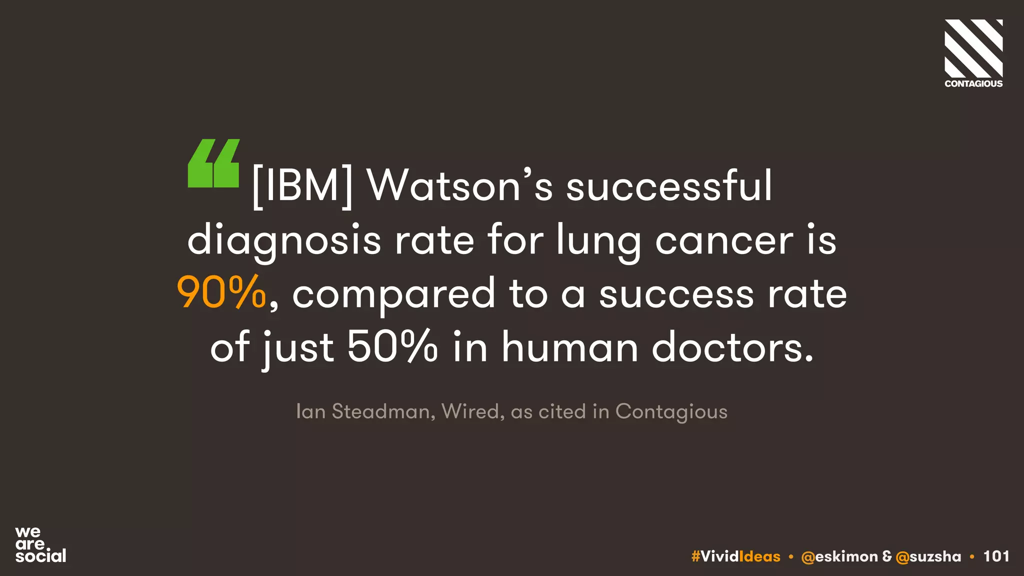 #VividIdeas • @eskimon & @suzsha • 101
[IBM] Watson’s successful
diagnosis rate for lung cancer is
90%, compared to a success rate
of just 50% in human doctors.
Ian Steadman, Wired, as cited in Contagious
“
 
