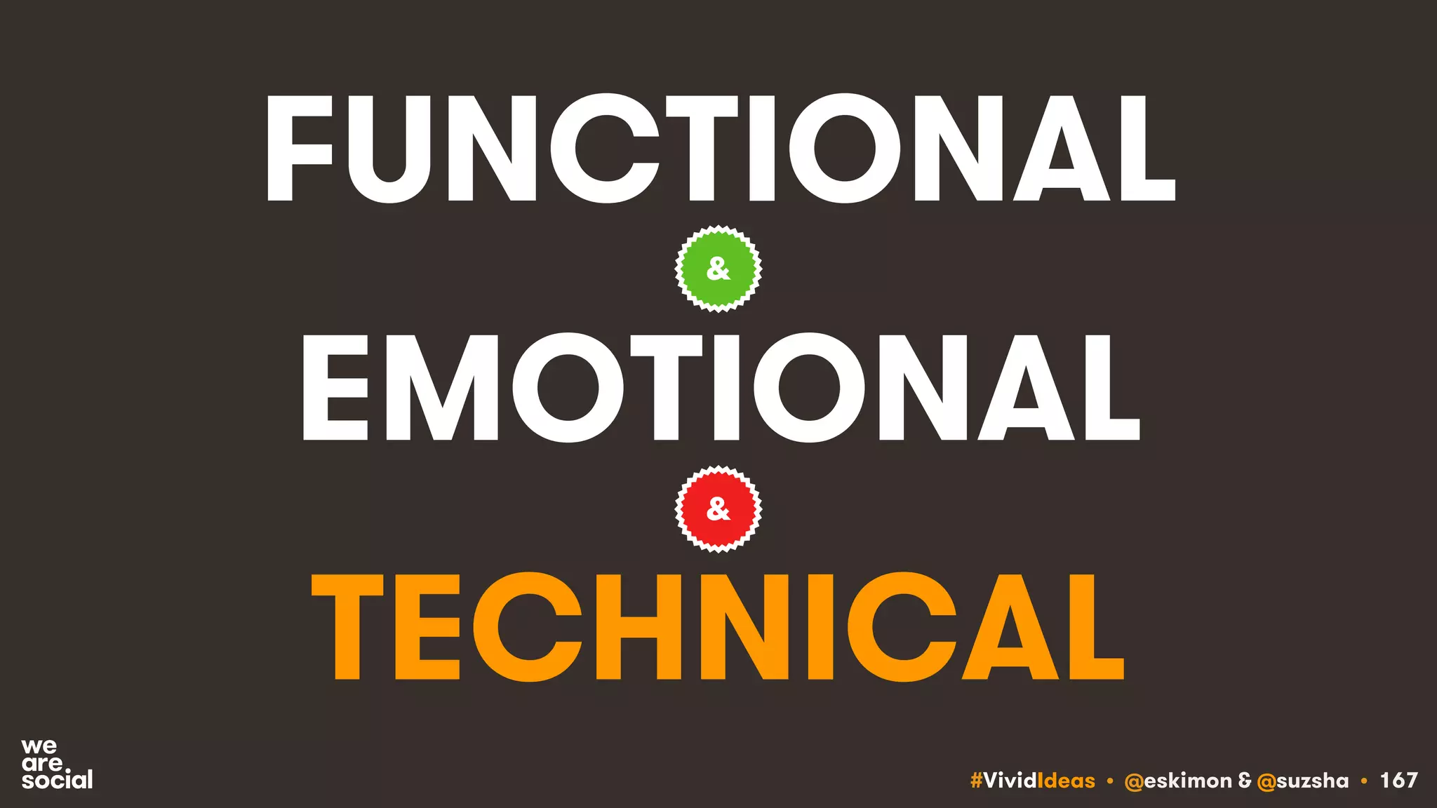 #VividIdeas • @eskimon & @suzsha • 167
FUNCTIONAL
EMOTIONAL
TECHNICAL
&
&
 