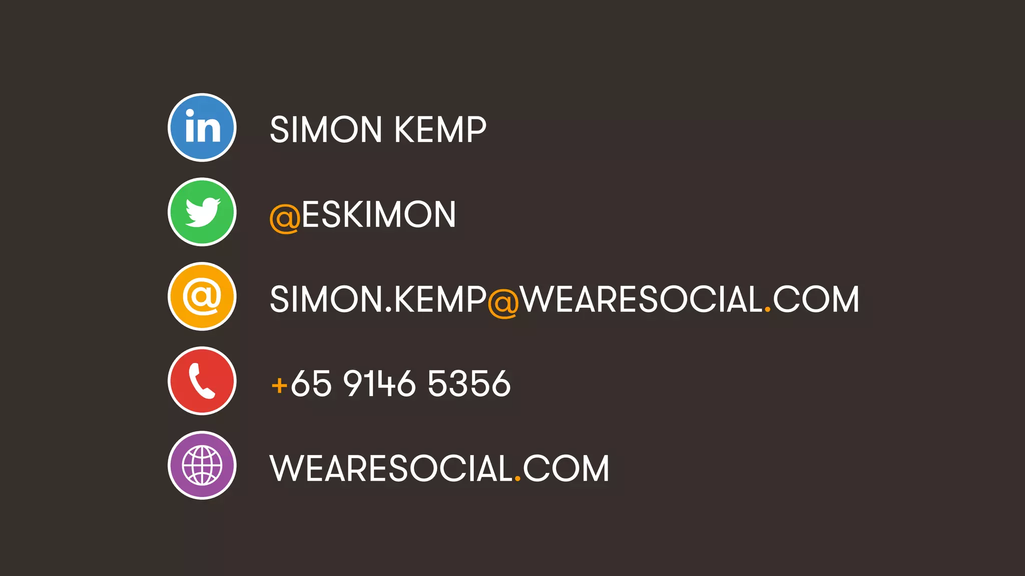 #VividIdeas • @eskimon & @suzsha • 183
SIMON KEMP
@ESKIMON
SIMON.KEMP@WEARESOCIAL.COM
+65 9146 5356
WEARESOCIAL.COM
 