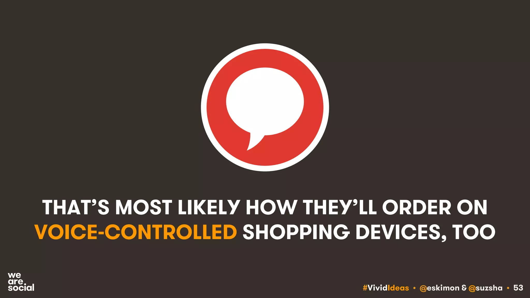 #VividIdeas • @eskimon & @suzsha • 53
THAT’S MOST LIKELY HOW THEY’LL ORDER ON
VOICE-CONTROLLED SHOPPING DEVICES, TOO
 
