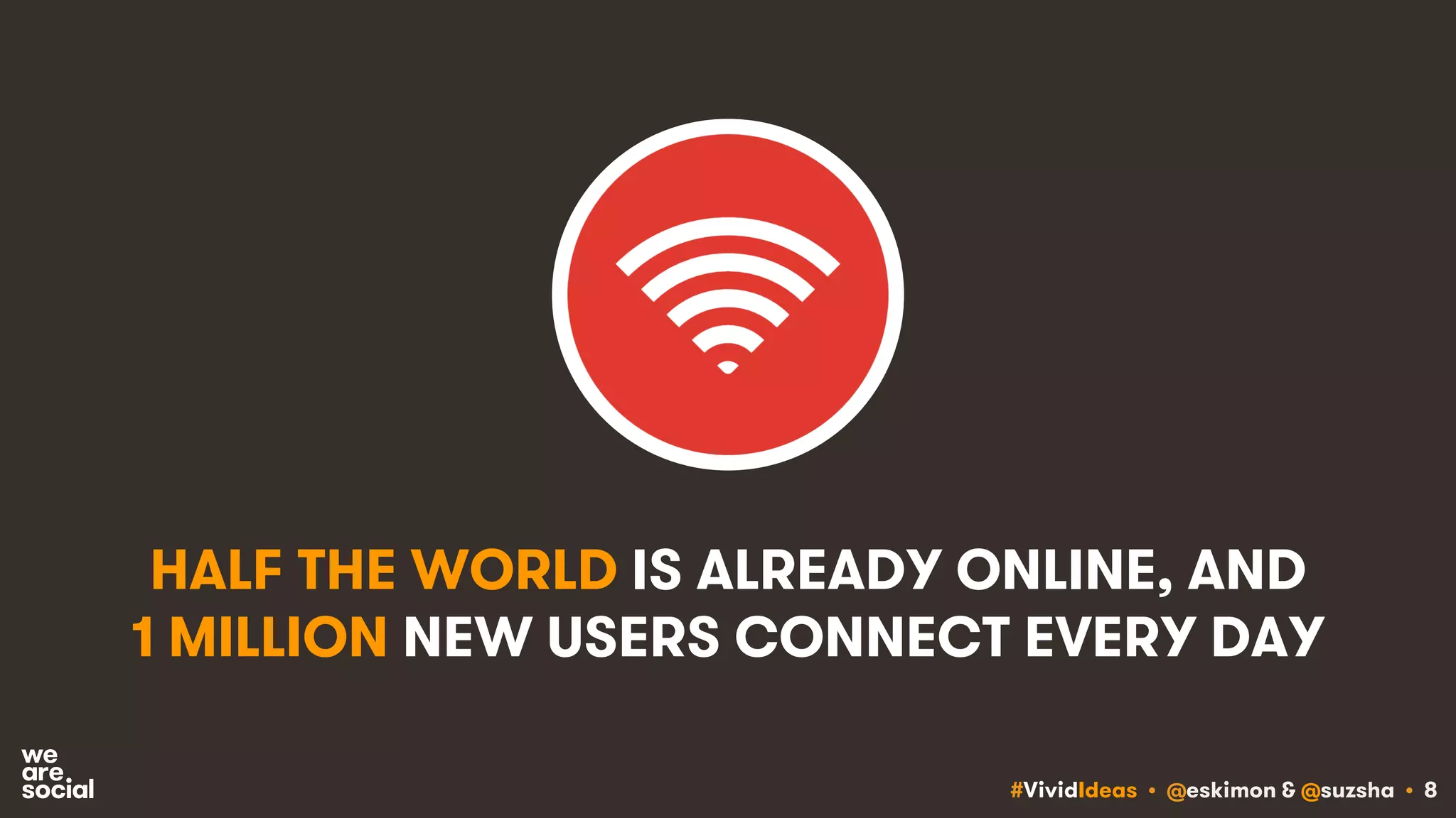 #VividIdeas • @eskimon & @suzsha • 8
HALF THE WORLD IS ALREADY ONLINE, AND
1 MILLION NEW USERS CONNECT EVERY DAY
 