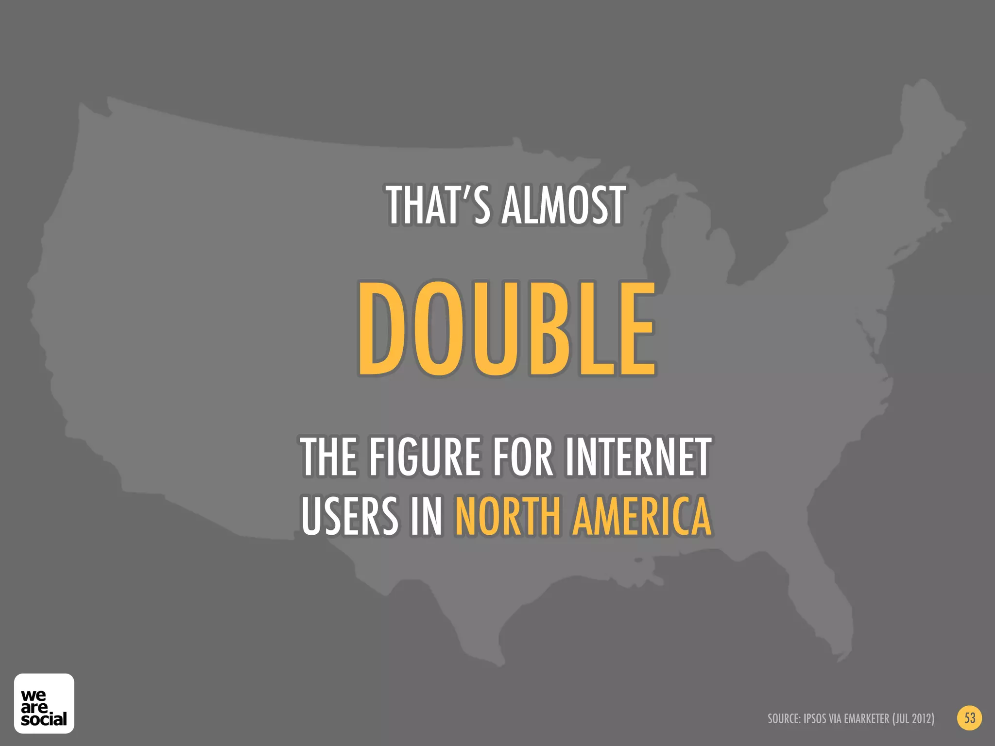 THAT’S ALMOST


  DOUBLE
THE FIGURE FOR INTERNET
USERS IN NORTH AMERICA


                          SOURCE: IPSOS VIA EMARKETER (JUL 2012)   53
 