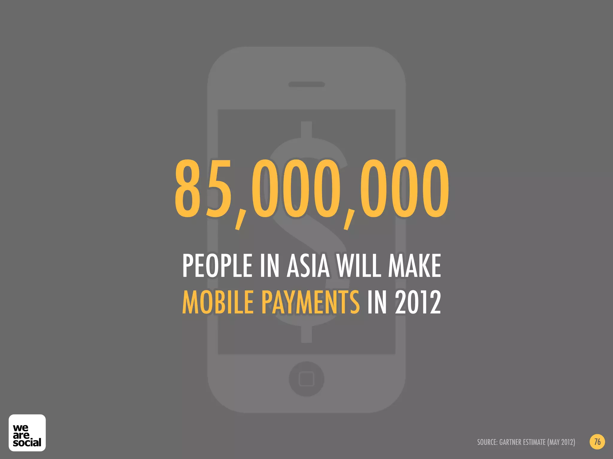 $!
85,000,000
PEOPLE IN ASIA WILL MAKE
MOBILE PAYMENTS IN 2012



                           SOURCE: GARTNER ESTIMATE (MAY 2012)   76
 
