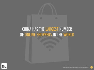 CHINA HAS THE LARGEST NUMBER
OF ONLINE SHOPPERS IN THE WORLD




                        SOURCE: BOSTON CONSULTING GROUP, ...