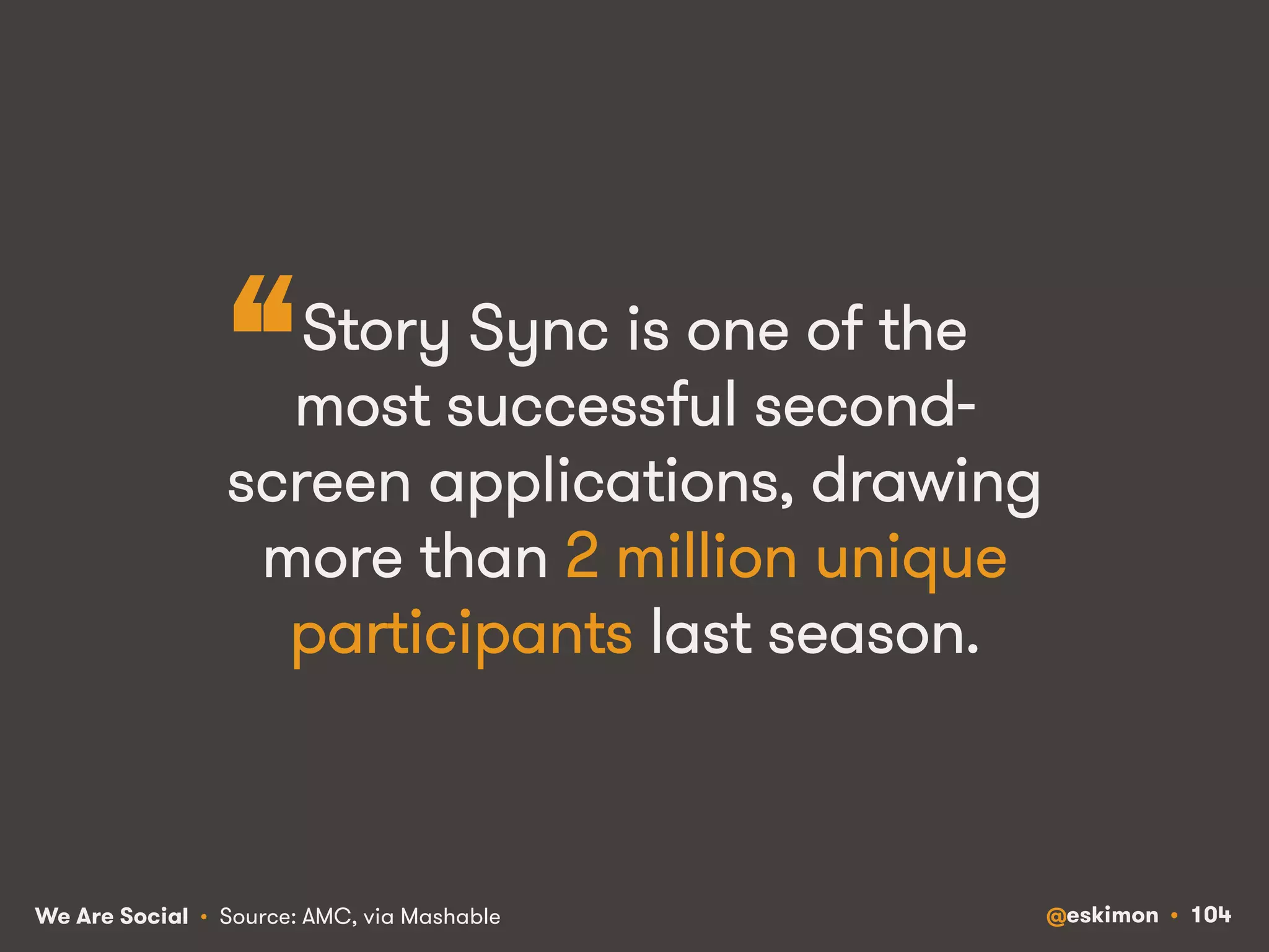 “ 
Story Sync is one of the 
most successful second-screen 
applications, drawing 
more than 2 million unique 
participants last season. 
We Are Social @eskimon • 104 
• Source: AMC, via Mashable 
 