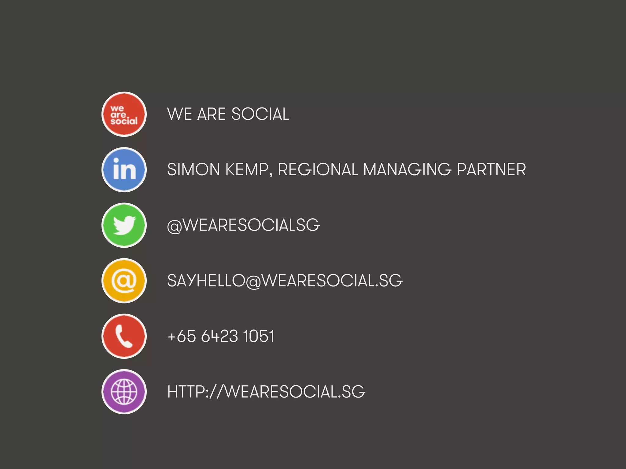 WE ARE SOCIAL 
SIMON KEMP, REGIONAL MANAGING PARTNER 
@WEARESOCIALSG 
SAYHELLO@WEARESOCIAL.SG 
+65 6423 1051 
HTTP://WEARESOCIAL.SG 
We Are Social http://wearesocial.sg • @wearesocialsg 
