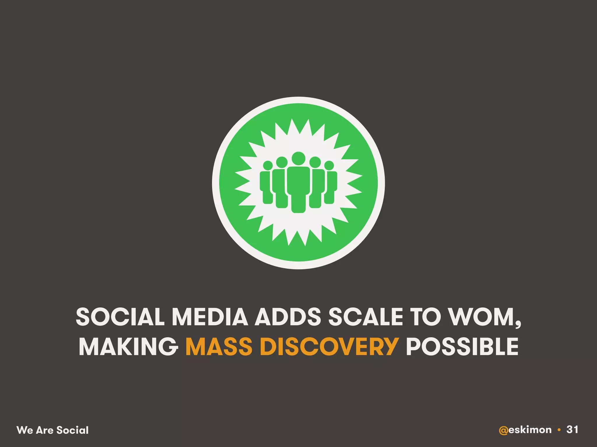 SOCIAL MEDIA ADDS SCALE TO WOM, 
MAKING MASS DISCOVERY POSSIBLE 
We Are Social @eskimon • 31 
 