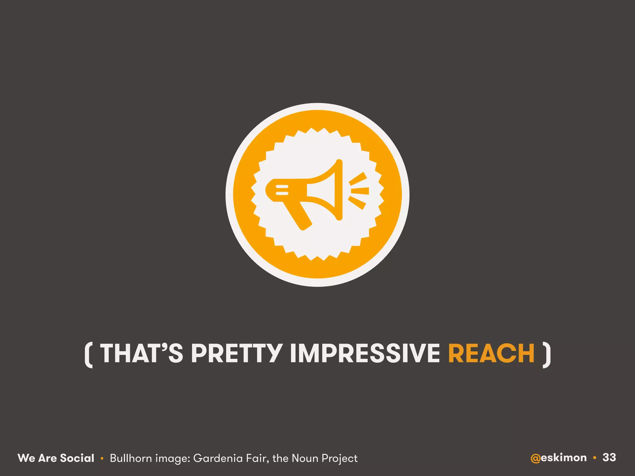 ( THAT’S PRETTY IMPRESSIVE REACH ) 
We Are Social @eskimon • 33 
• Bullhorn image: Gardenia Fair, the Noun Project 
 
