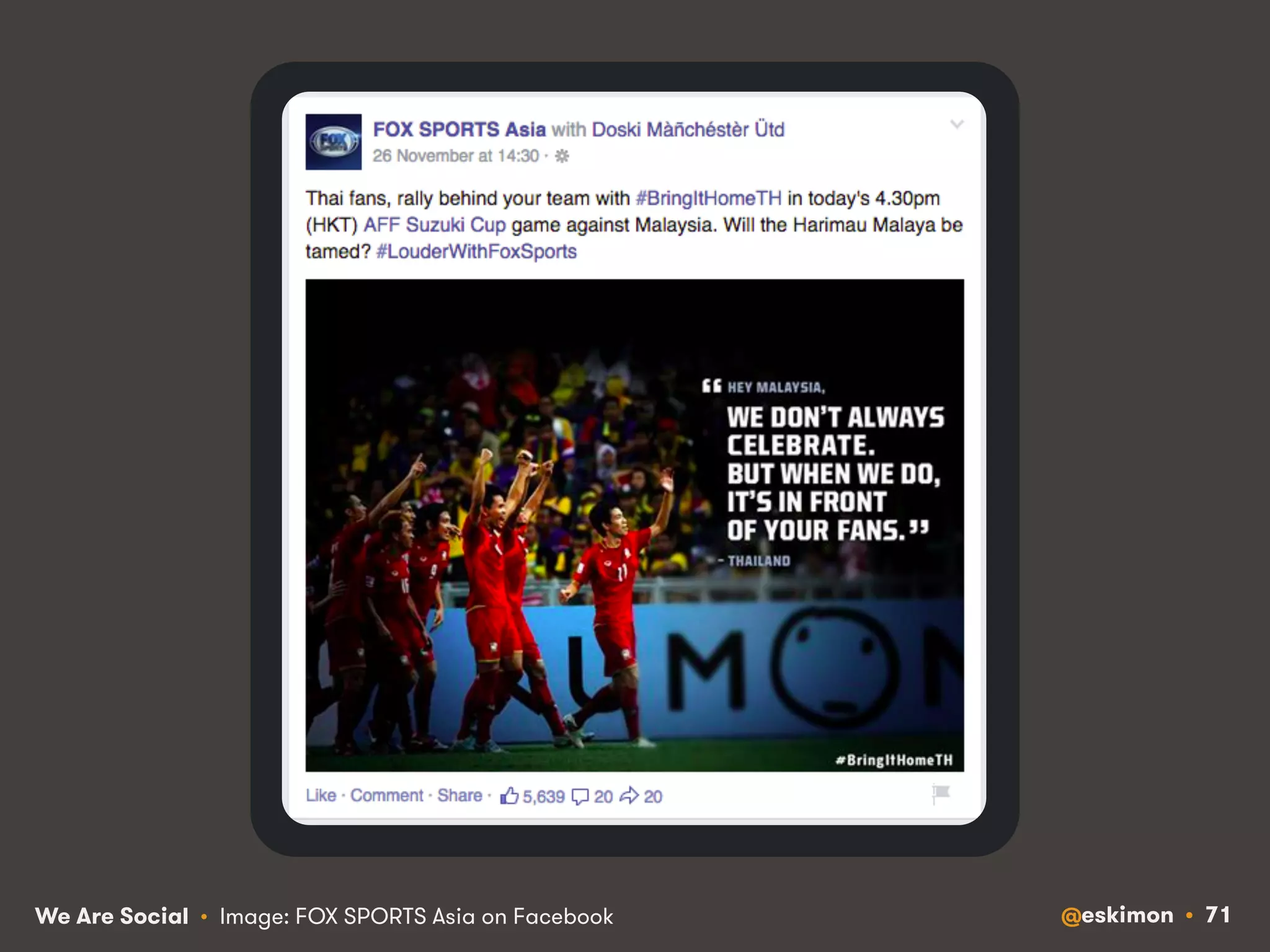We Are Social • Image: FOX SPORTS Asia on Facebook @eskimon • 71 
 