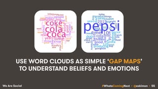 #WhatsComingNext • @eskimon • 55We Are Social
USE WORD CLOUDS AS SIMPLE ‘GAP MAPS’
TO UNDERSTAND BELIEFS AND EMOTIONS
 