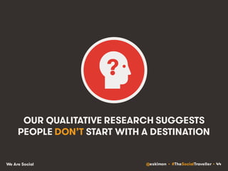 @eskimon • #TheSocialTraveller • 44We Are Social
OUR QUALITATIVE RESEARCH SUGGESTS
PEOPLE DON’T START WITH A DESTINATION
 
