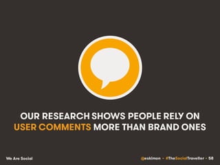@eskimon • #TheSocialTraveller • 58We Are Social
OUR RESEARCH SHOWS PEOPLE RELY ON
USER COMMENTS MORE THAN BRAND ONES
 