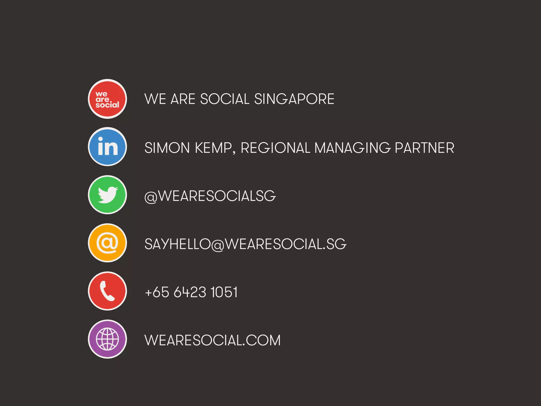 @wearesocialsg • 537
WE ARE SOCIAL SINGAPORE
SIMON KEMP, REGIONAL MANAGING PARTNER
@WEARESOCIALSG
SAYHELLO@WEARESOCIAL.SG
+65 6423 1051
WEARESOCIAL.COM
 