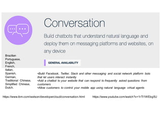 https://www.ibm.com/watson/developercloud/conversation.html
•Build Facebook,   Twitter,   Slack and  other messaging and  social  network  platform bots
that let users interact instantly
•Add a  chatbot to  your website  that can  respond to  frequently asked questions from  
customers
•Allow customers to  control   your mobile   app using natural language virtual agents
https://www.youtube.com/watch?v=1rTl1WEbg5U
Brazilian
Portuguese,  
English,  
French,  
Italian,  
Spanish,  
German,  
Traditional Chinese,  
Simplified Chinese,  
Dutch.
 
