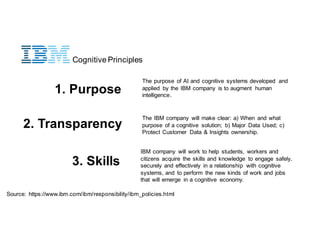 https://www.partnershiponai.org/
Cognitive  Principles
1.  Purpose
2.  Transparency
3.  Skills
Source:   https://www.ibm.com/ibm/responsibility/ibm_policies.html
The  purpose of  AI  and  cognitive   systems developed and  
applied by  the  IBM  company   is to  augment human  
intelligence.
The  IBM  company   will make clear:  a)  When and  what
purpose   of  a  cognitive   solution;;   b)  Major   Data  Used;;  c)  
Protect  Customer   Data  &  Insights  ownership.
IBM  company   will work  to  help   students,   workers and  
citizens acquire the  skills and  knowledge to  engage safely,  
securely and  effectively in  a  relationship with  cognitive  
systems,  and   to  perform the  new  kinds of  work  and  jobs
that will emerge   in  a  cognitive   economy.
 