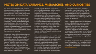 NOTES ON DATA VARIANCE, MISMATCHES, AND CURIOSITIES
It’s unlikely that one hundred percent of
internet users in any given country will use
the same social media platform though, so in
cases where internet and social media user
numbers are the same, it’s likely that the actual
number of internet users will be higher than the
number we’ve reported.
Lastly, a number of metrics that we reported in
last year’s Global Digital reports have been
revised by the original data provider since
publication, and as a result, some figures
in this year’s reports may appear to have
changed in unexpected ways. Wherever
we’re aware of these changes, we’ve included
details in the footnotes of each relevant chart,
but please use caution when comparing data
from different reports in case the original base
has changed.
If you have any questions about specific data
points in these reports, or if you’d like to offer
your organisation’s data for consideration in
future reports, please email our reports team:
reports@kepios.com.
This report uses data from a wide variety of
sources, including market research agencies,
internet and social media companies,
governments and public bodies, news media,
journalists, and our own internal analysis.
Wherever possible, we’ve prioritised data
sources that provide broader geographical
coverage, in order to minimise the potential
variations between data points, and offer
more reliable comparison across countries.
However, where we believe that an individual
metric provides a more reliable reference,
we’ve used such individual numbers to ensure
the most accurate reporting.
Furthermore, due to differing data collection
and treatment methodologies used by these
organisations, and the different sample
periods during which data were collected,
there may be significant differences in the
reported metrics for similar data points
throughout this report. In particular, data
collected via surveys often vary from one
report to another, even if those data were
collected by the same organisation using the
same approach in each wave.
Similarly, reports of internet user numbers
vary considerably between different sources.
In part, this is because there are fewer
commercial imperatives for governments
and regulators to collect and publish regular
internet user data. However, the user numbers
published by social media platforms can be
a useful proxy for the number of internet users
in countries where no other reliable data are
available, because all active social media
users must have an active internet connection
in order to access social media. These data
are also more likely to be updated on a
regular basis, as social media companies
relies on this data to help sell their advertising
products and services.
As a result, on occasion, we’ve used the latest
addressable advertising audience data from
social media platforms’ self-serve advertising
tools to inform our internet user numbers,
especially in less-developed economies,
where ‘official’ internet user numbers are
published less frequently. Consequently, there
are a number of instances in this report where
the reported number of social media users
equals the reported number of internet users.
 