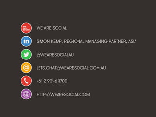 @wearesocialau • 25
WE ARE SOCIAL
SIMON KEMP, REGIONAL MANAGING PARTNER, ASIA
@WEARESOCIALAU
LETS.CHAT@WEARESOCIAL.COM.AU
...