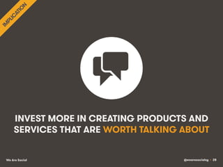 @wearesocialsg • 28We Are Social
INVEST MORE IN CREATING PRODUCTS AND
SERVICES THAT ARE WORTH TALKING ABOUT
 