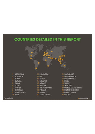 We Are Social @wearesocialsg • 3
COUNTRIES DETAILED IN THIS REPORT
1  ARGENTINA
2  AUSTRALIA
3  BRAZIL
4  CANADA
5  CHINA
6  EGYPT
7  FRANCE
8  GERMANY
9  HONG KONG
10  INDIA
11  INDONESIA
12  ITALY
13  JAPAN
14  MALAYSIA
15  MEXICO
16  NIGERIA
17  THE PHILIPPINES
18  POLAND
19  RUSSIA
20  SAUDI ARABIA
21  SINGAPORE
22  SOUTH AFRICA
23  SOUTH KOREA
24  SPAIN
25  TURKEY
26  THAILAND
27  UNITED ARAB EMIRATES
28  UNITED KINGDOM
29  UNITED STATES
30  VIETNAM
21!
9!
5!
4!
10!
24!
15!
22!
7!
19!
12!
20!
8!
13!
1!
16!
23!
6!
2!
3! 11!
18!
14!
17!
25!
26!
27!
28!
29!
30!
 