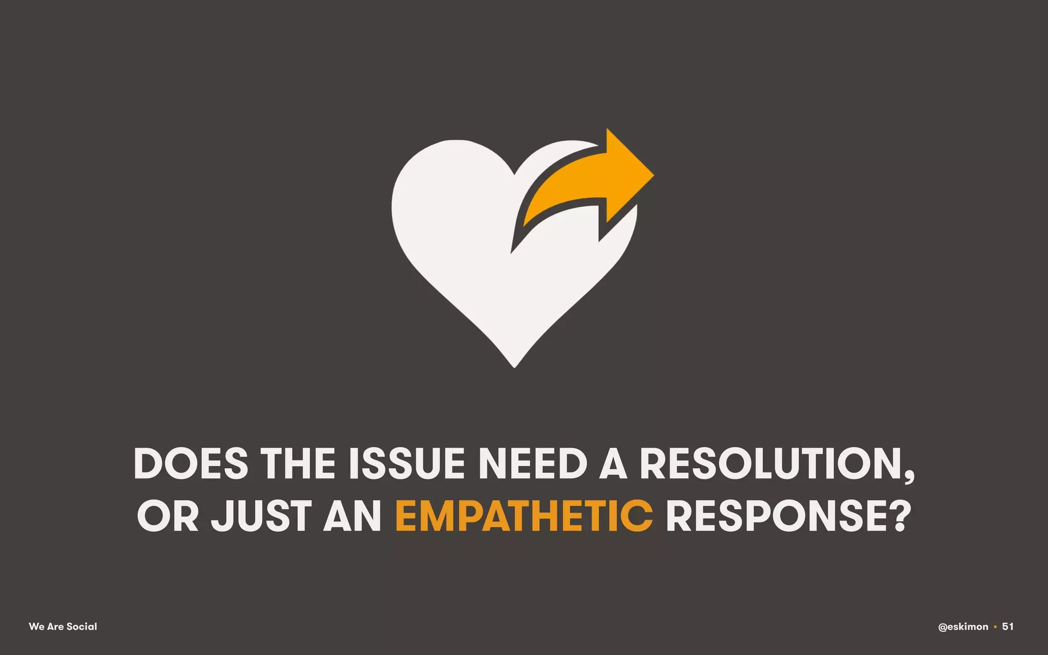 DOES THE ISSUE NEED A RESOLUTION,
OR JUST AN EMPATHETIC RESPONSE?
We Are Social

@eskimon • 51

 