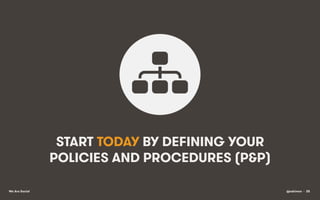 START TODAY BY DEFINING YOUR
POLICIES AND PROCEDURES (P&P)
We Are Social

@eskimon • 28

 