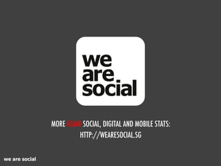 MORE ASIAN SOCIAL, DIGITAL AND MOBILE STATS:
                          HTTP://WEARESOCIAL.SG


we are social
 