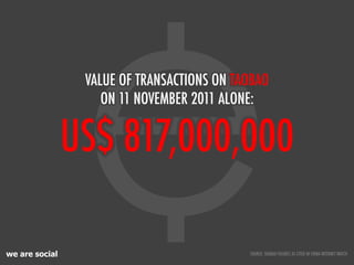 VALUE OF TRANSACTIONS ON TAOBAO
                    ON 11 NOVEMBER 2011 ALONE:


                US$ 817,000,000

we are s...